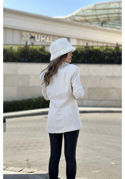 Kadın Beyaz Astarlı, Tek Düğme, Vucüda Oturan Kalıp, Fitilli Kaşe Kumaş Blazer Ceket Beyaz