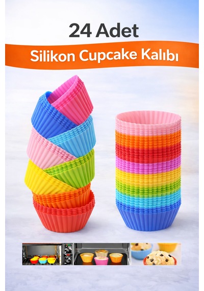 Silikon Mini Kek Kalıbı, Cupcake Kalıbı, Tekrar Kullanılabilir, Yapışmaz-24 Adet Çok Renkli - 904944888 Çok Renkli
