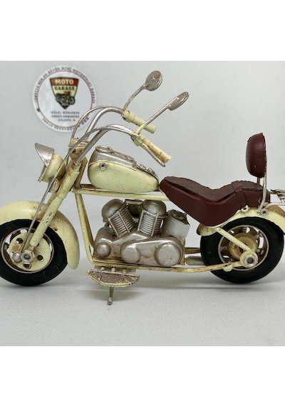 El Yapımı Krem Chopper/cruiser Metal Motosiklet Biblosu Kahverengi Koltuklu & Sissy Barlı