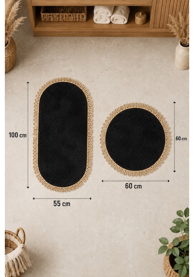 El Yapımı Bohem Banyo Paspası 2'li Peluş Kaymaz Jel Taban Yuvarlak 60x60 Cm Ve Oval 55x100 Cm Siyah Jüt Hasır