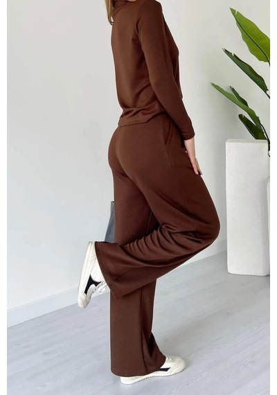 Balenbi Kadın Modal Kumaş Polo Yaka Uzun Kollu Takım 1126 Kahverengi