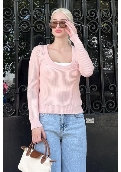 Madmext Pudra Bisiklet Yaka Basic Örme Kazak Mg2189 Pudra