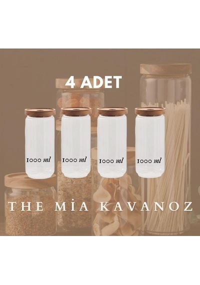 The Mia Ahşap Kapaklı 4 Lü Büyük Boy Cam Saklama Kabı 1000 Ml Cam0315