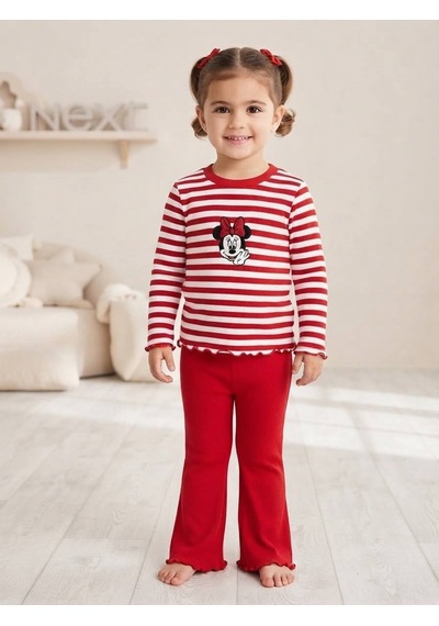 Ponki Minnie Mouse Baskılı Kırmızı Çizgili Fitilli İspanyol Paça Kız Çocuk Takım