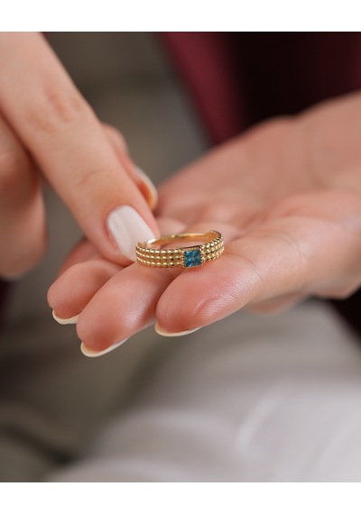 Debora Jewelry 14 Ayar Altın Kare Model Aqua Marine Taşlı Yüzük
