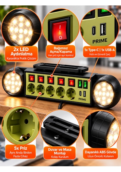 5'li Akım Korumalı Priz 1 Usb 1 Type-c 2 Led Işıklı 2m Kablolu Anahtarlı Güç İstasyonu 0 - 2 M