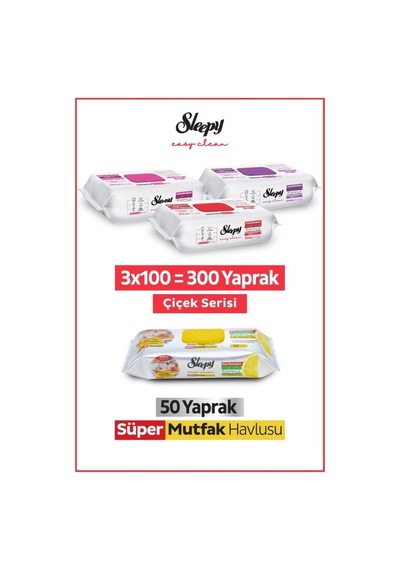 Sleepy Easy Clean Çiçek Serisi&limon Yağlı Süper Mutfak Yüzey Temizlik Havlusu&mendili 3x100+50 Beyaz