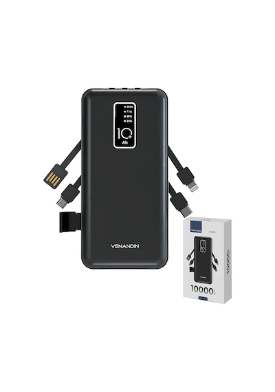 Venandin Pwb10c1 10.000 Mah Powerbank 4 Ü 1 Arada Entegre Kablolu Led Göstergeli Taşınabilir Şarj Cihazı Siyah
