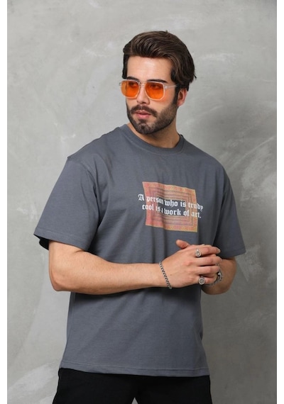 Erkek Baskılı T-shirt Kısa Kol Bisiklet Yaka Regular Fit Rahat Kalıp Tişört - Füme