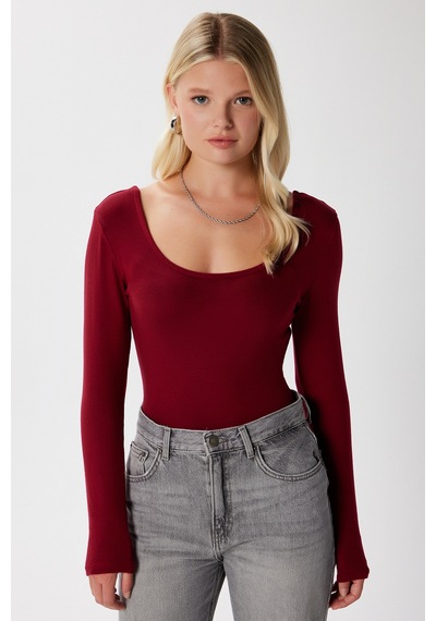 Ritnice Kadın Heat Lux Touch U Yaka Bordo Uzun Kol Soft Bluz Bordo