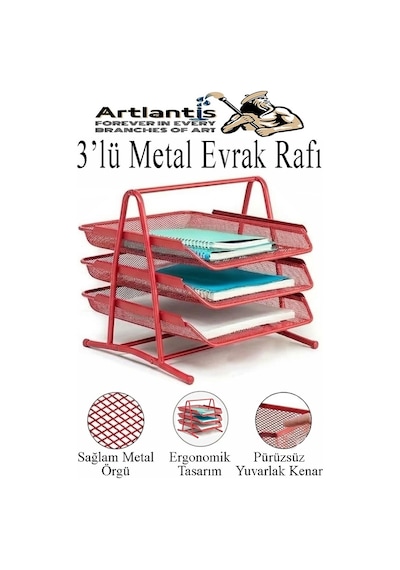 Kırmızı Metal Evrak Rafı 3 Lü Masaüstü Kalemlik 3 Lü Ve Fileli Çöp Kovası 1 Paket Masaüstü A4 Dosya Düzenleyici Not Kırmızı