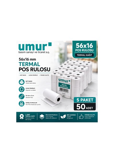 56x16 Mm Termal Pos Rulosu Pos Kağıdı 50 Adet 5 Paket X 10 Adet