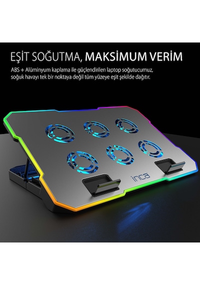Inc-618gms 6 Fanlı Rgb Laptop Soğutucu Stand 9-17 2400 Rpm 10 Led Mod 5 Kademe Yükseklik Ayarlı