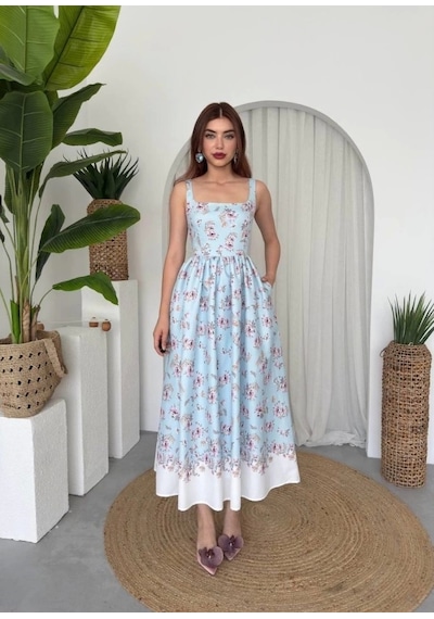 Defymoda Yoa Cep Detaylı Elbise Mavi