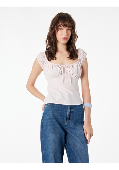 Koton Pamuklu Slim Fit Kısa Balon Kol Bağlamalı Crop Bluz Pembe 6sal60182ıw Gül