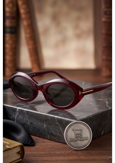 T Detaylı Oval Ve Çekik Modern Çerçeveli Güneş Gözlüğü Renkli Çerçeve Ve Cam Seçenekli Şık Unisex Gözlük Bordo