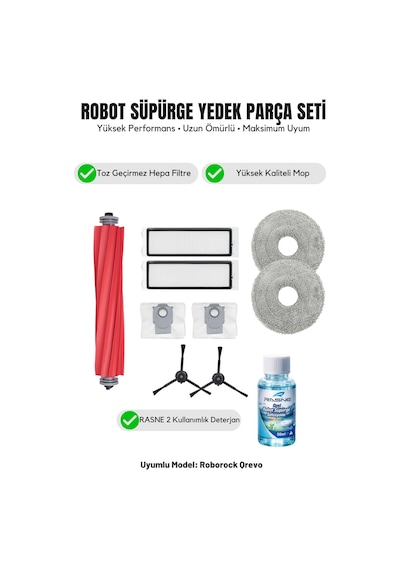 Roborock Qrevo İle Uyumlu 1 Ana Fırça 2 Siyah Yan Fırça 2 Filtre 2 Mop 1 Deterjan 2 Toz Torbası 7.0