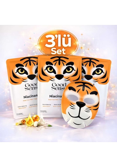 3 Lü Kaplan Desenli Niacinamide Kağıt Yüz Maskesi Sebum Dengeleyici Cilt Bakım Seti