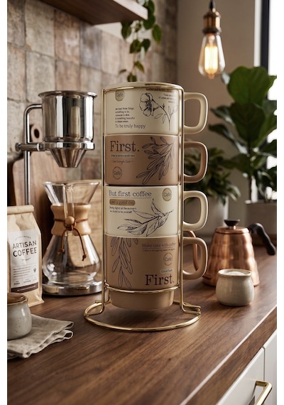 Bistro Metal Standlı 4 Adet Porselen Kupa Seti 200 Ml Kahve Çay Fincanı Takımı Renklı