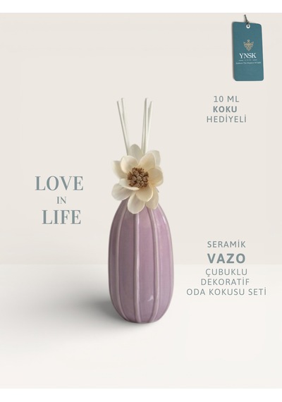 Love In Life Ithal Seramik Çizgili Vazo Çubuklu Dekoratif Oda Kokusu Seti Oda Kokusu Hediyeli Mor Çiçekler