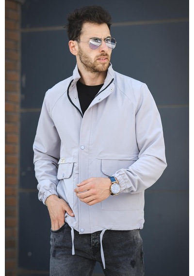 Oksit Juan Slim Fit Su İtici Bağcık Detaylı Kapüşonlu Erkek Mevsimlik Mont Yağmurluk Gri