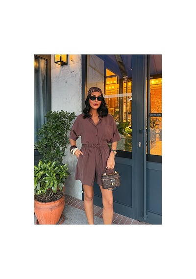 Nido Moda Kadın Cepli Oversize Gömlek Ve Beli Bağcıklı Şort İkili Takım Kahverengi