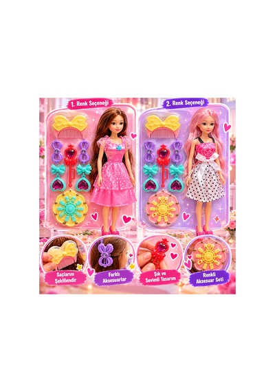Aksesuarlı Oyuncak Bebek Seti, Saç Aksesuarları Dahil Pembe - 928050743