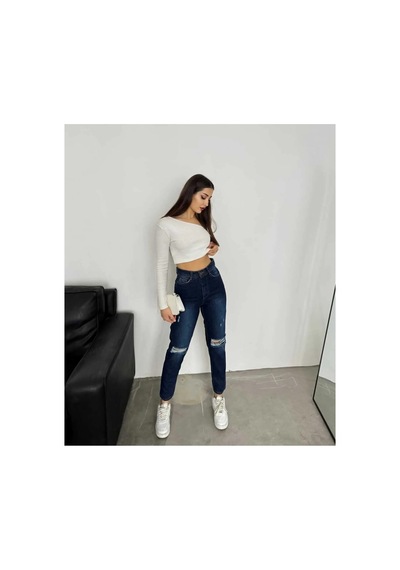 Kene Jeans Yüksek Bel Lacivert Çift Diz Lazer Yırtık Mom Jeans Lacivert