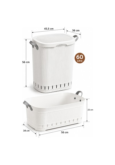 Porsima İkili Çamaşır Sepeti Seti 60 Litre Kapaklı Kirli Çamaşır Sepeti Ve Köşeli Still Çamaşır Sepeti Beyaz