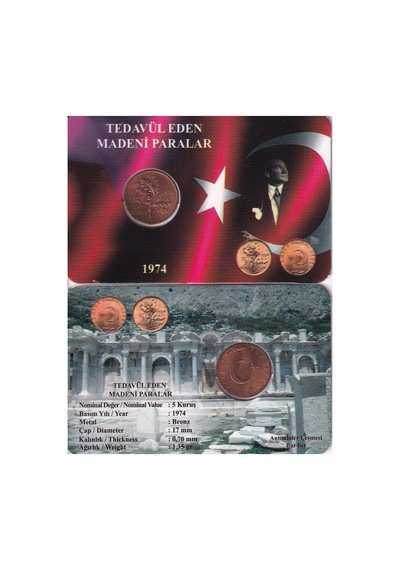 Türkiye 1974 Yılı Tedavül Bakır 5 Kuruş Çil Özel Renkli Kapamasında Unc