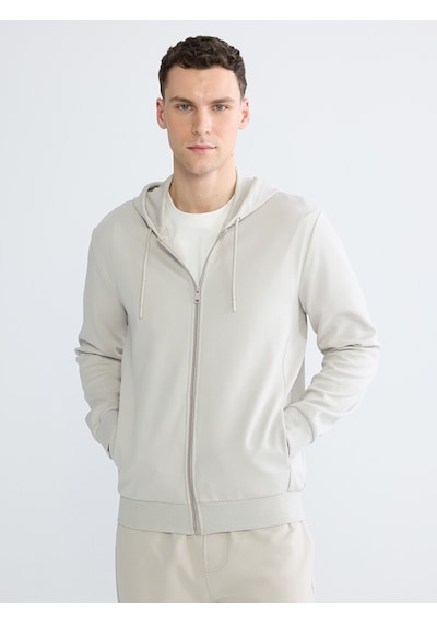 Lcwaıkıkı Basic Bej Kapüşonlu Erkek Fermuarlı Sweatshirt
