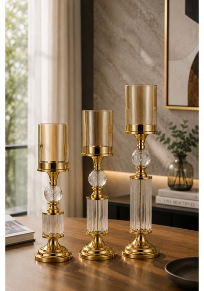 Kristal Ve Cam Detaylı Metal Şamdan Sarı