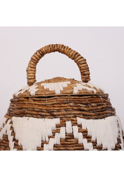 İskit Makrome Ve Doğal Abaka - Kapaklı Sepet 35x34 Cm Bej