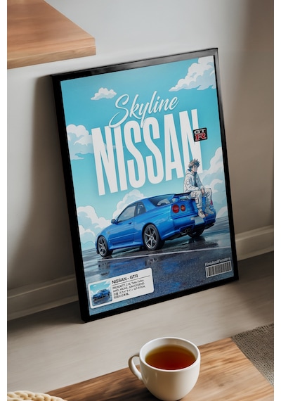 Skyline Nissan Siyah Ahşap Çerçeveli Poster, Dekoratif Araba Duvar Tablosu