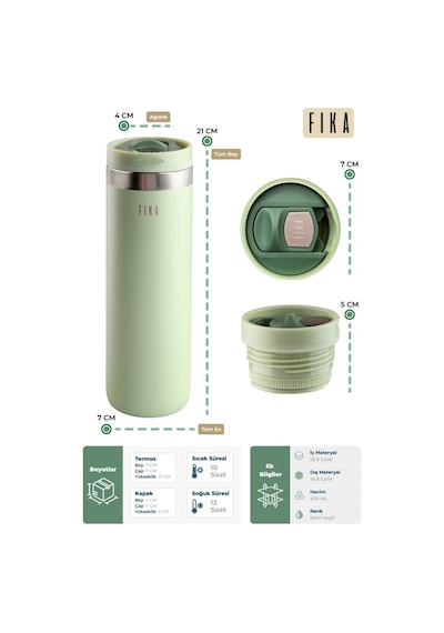 Fika Tauko Sızdırmaz Kolay Sökülebilir Temizlenebilir Patentli Kapak Çelik Bardak Termos 470 Ml -mint Yeşili