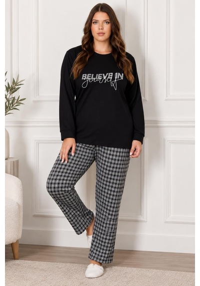 Gd Goldoremi Premium Kadın Büyük Beden Rahat Kışlık Uzun Kollu Pijama Takım Siyah