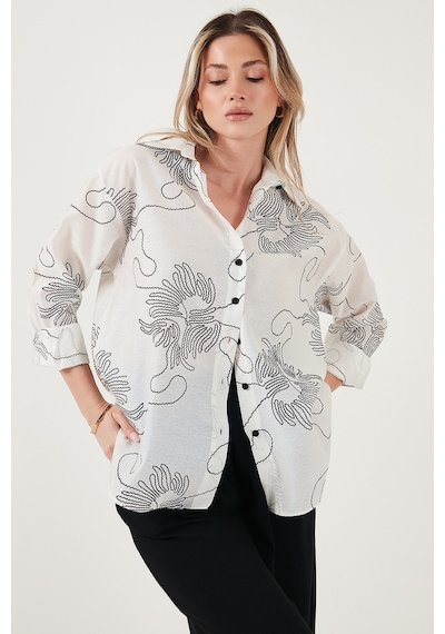 Lela Desenli Regular Fit Uzun Kollu Bayan Gömlek 6773200 Beyaz-Siyah