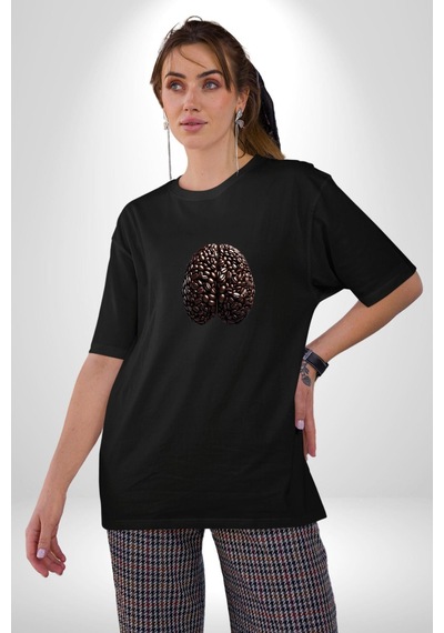 Kuru Kahve Çekirdeği Beyin Pamuklu Bisiklet Yaka Unisex Oversize Boyfriend Dijital Baskılı Siyah T-shirt Siyah