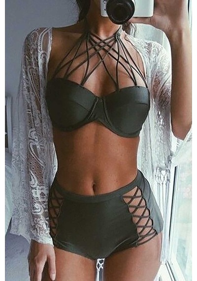 Angelsin Haki Yeşil Yüksek Bel Bikini Takım (402449850)