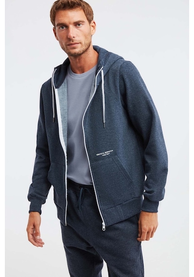 Grimelange Momentum Erkek Fermuarlı Yuksek Yaka Kapüşonlu Nakışlı Kordonlu Içi Polarlı Lacivert Sweatshirt