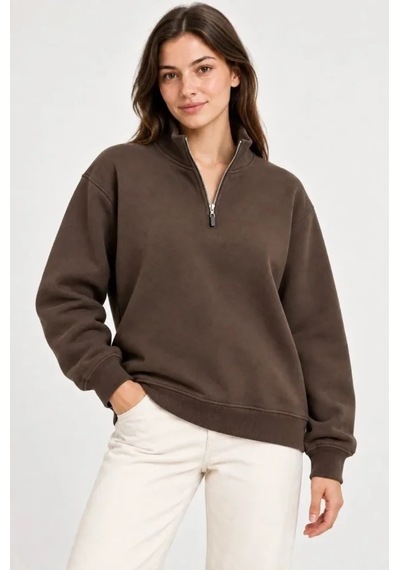 Üç İplik İçi Şardonlu Dik Yaka Yarım Fermuarlı Kışlık Sweatshirt - Kahverengi