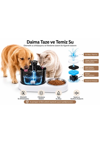 Kedi Köpek İçin 2'si 1 Arada Öşft Otomatik Su Sebili 1.8 Litre Ve Mama Kabı Besleme Seti Su Çeşmesi Sürekli Taze Su Evcil Hayvan