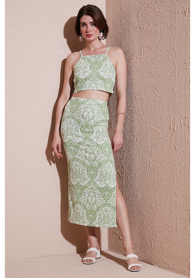 Lela Slim Fit Ip Askılı Yırtmaçlı Midi Alt-Üst Bayan Takım 5869021 Olive