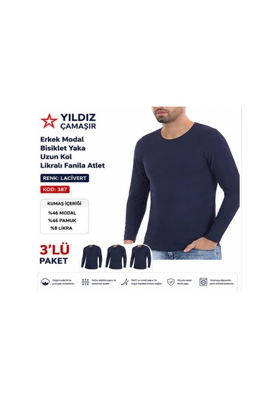 Yıldız Çamaşır Erkek Modal Bisiklet Yaka Uzun Kol Likralı Fanila Atlet 385-386-387 - 3 Adet Lacivert Yıldız Çamaşır Erkek Modal Bisiklet Yaka Uzun Kol Likralı Fanila Atlet 385-386-387 - 3 Adet Lacivert