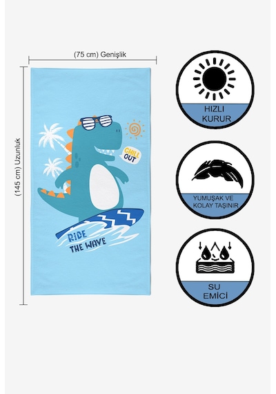 Surf Dino Dijital Baskılı 75x145 Cm Çocuk Plaj Havlusu