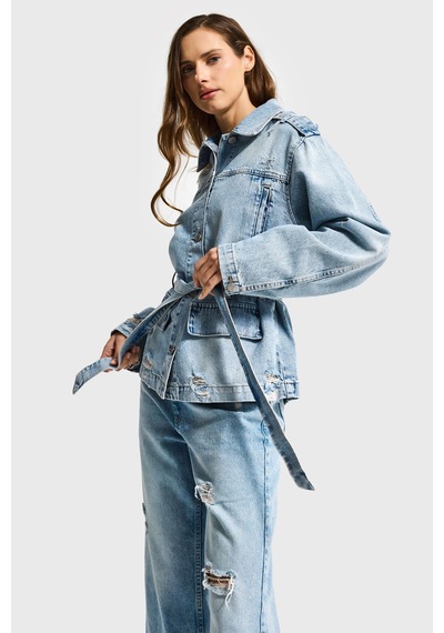 Kadın Ice 12s6-32 Oversize Kemer Detaylı Yırtık %100 Koton Denim Ceket Ice Rengi