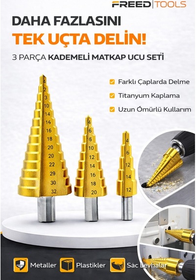 3 Parça Titanyum Kaplama Kademeli Matkap Ucu Metal Sac Delme