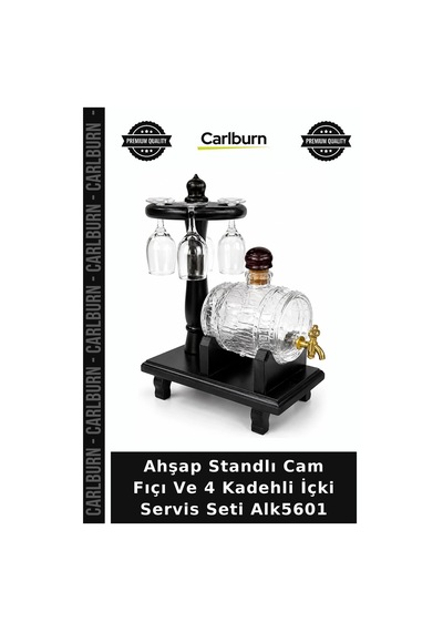 Özel Üretim Bar Aksesuarı Sunum Hediye Ahşap Standlı Cam Fıçı Ve 4 Kadehli İçki Servis Seti Alk5601