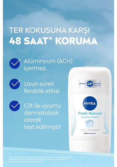 Kadın Stick Deodorant Fresh Natural 50ml, Ter Kokusuna Karşı 48 Saat Koruma, Uzun Süren Ferahlık