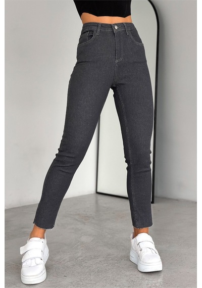 Femelle Gri Yüksek Bel Paçası Kesik İçi Şardonlu Slim Fit Mom Jean